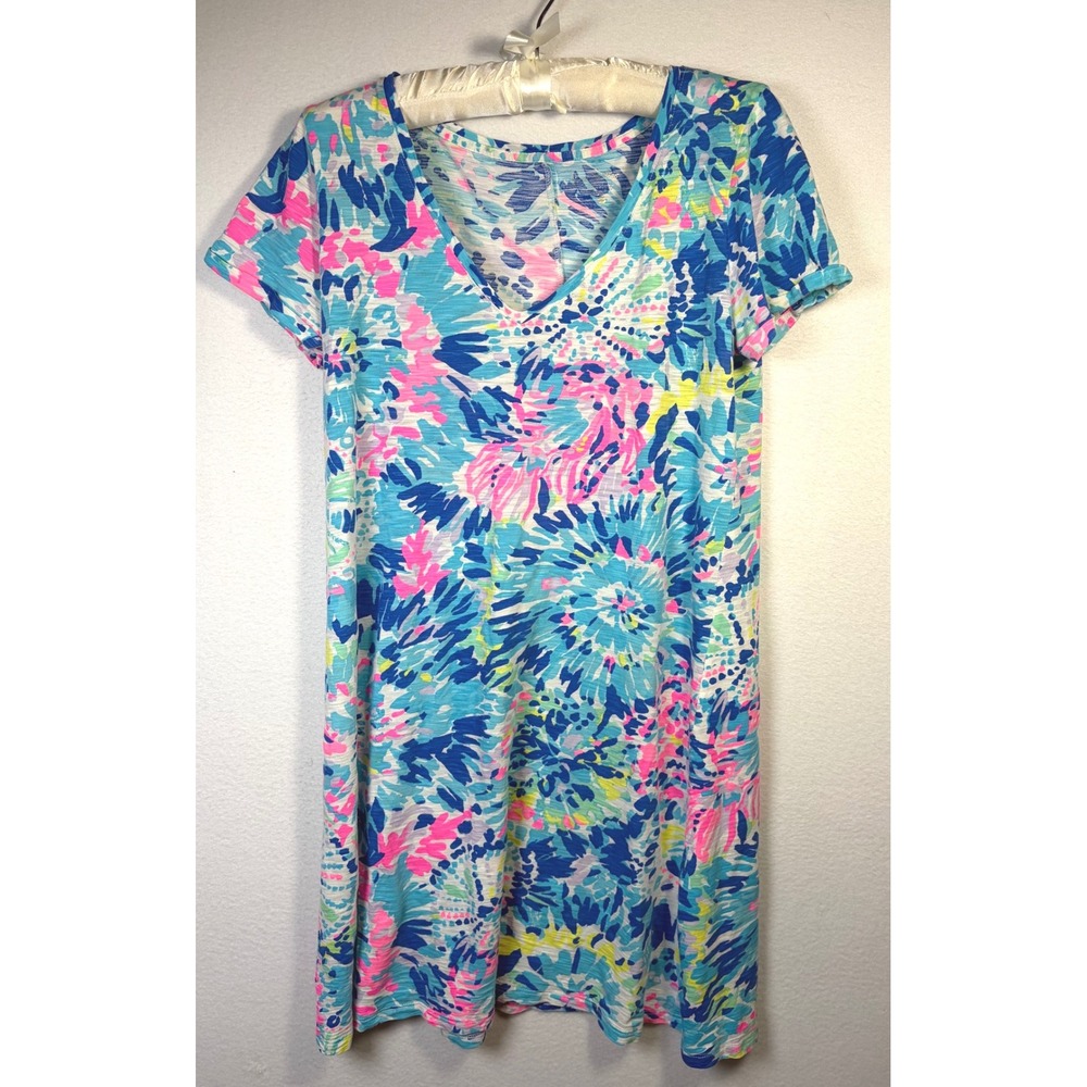 Lilly Pulitzer T-Shirt Dress Womens Small Blue Pink Excellent V-Neck Floral Slub